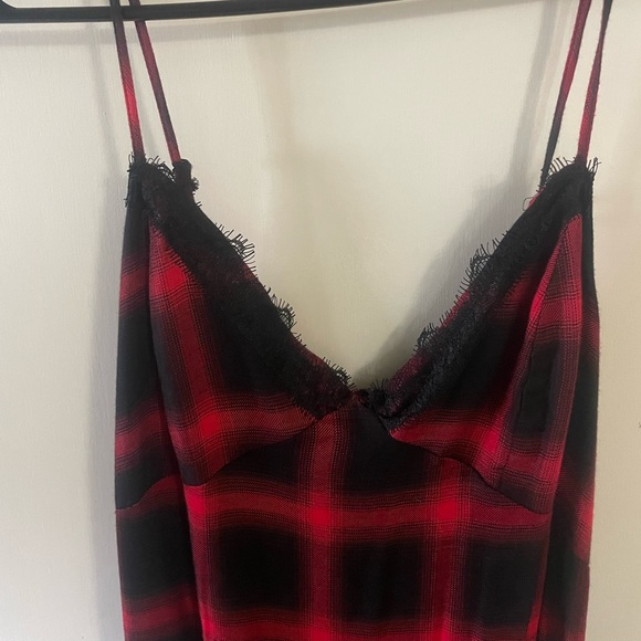 Red and black plaid maxi dress with black lace detail size L - Picture 2 of 5